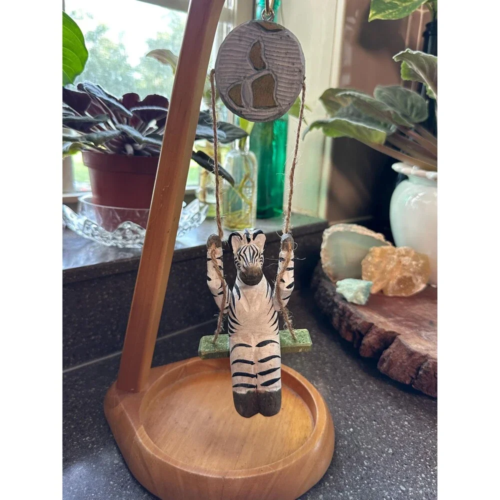 Hand Carved Wooden Zebra Swing Ornament Signed 2002 Folk Art Safari Decor